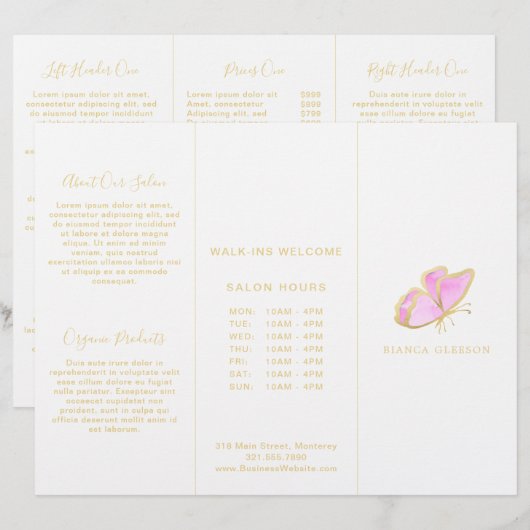 Brochure à triple papillon rose et or (Devant / Derrière)