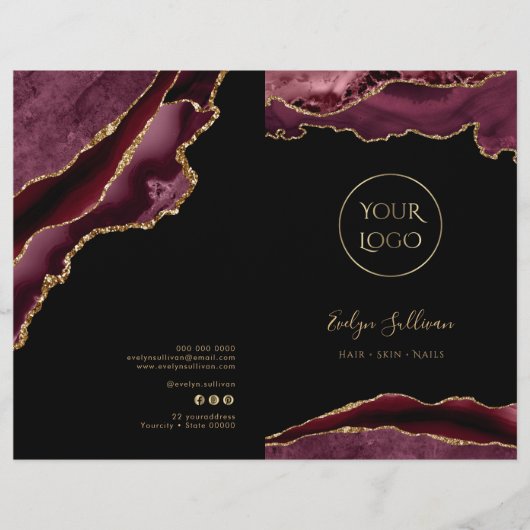brochure de menu de service d'agate bordeaux et or (Devant)
