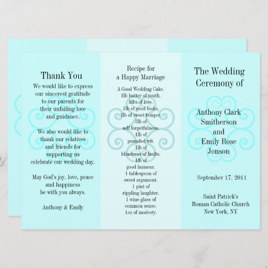 Brochure du programme de mariage Curl bleu (Devant / Derrière)