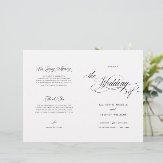Brochure du programme de mariage élégant à script  (Debout devant)