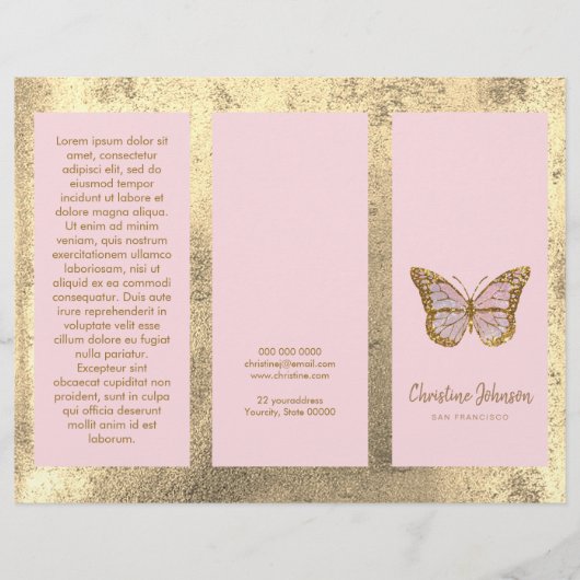 brochure fausse feuille d'or et papillon rose (Devant)