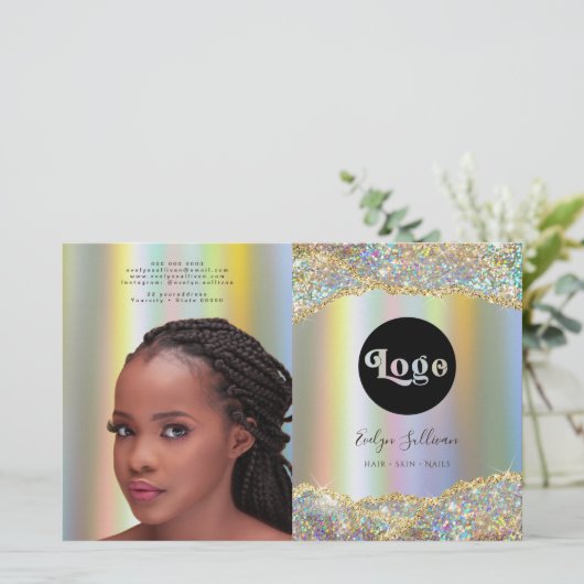 Brochure pliante Faux iridescente parties scintill (Debout devant)