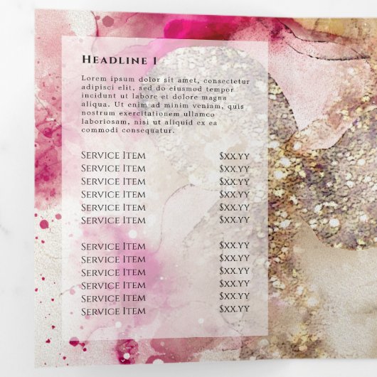 Brochure triplée parties scintillant rose vert (Intérieur en premier)