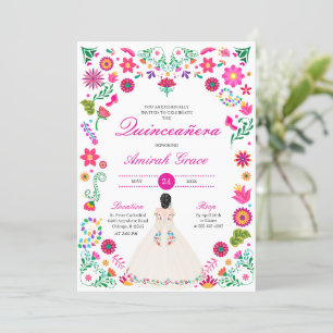 Broderie blanche rose Otomi Quinceañera Invitation