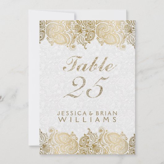 Broderie de Paisley doré sur numéro de table blanc (Devant)