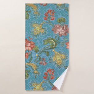 Broderie dorée florale en damas bleu antique