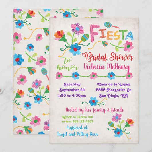 Broderie Mexicaine Fiesta Bridal Shower Invitation (Devant / Derrière)