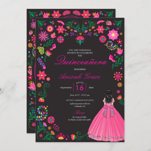 Broderie mexicaine rose Quinceañera Invitation (Devant / Derrière)