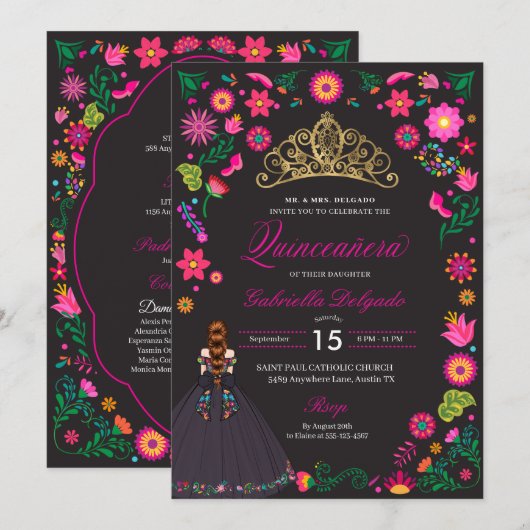 Broderie Otomi Mexicaine Quinceañera Invitation (Devant / Derrière)