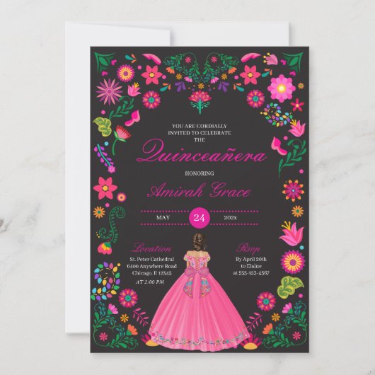 Broderie rose et noire Quinceañera Invitation (Devant)