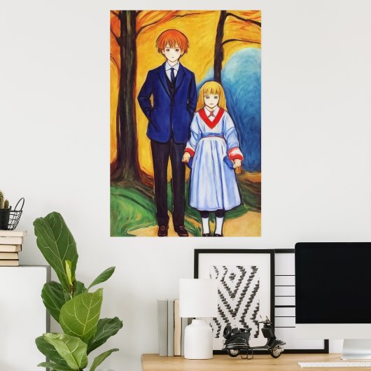 Broer en zus in het bos | AI Art Poster (Thuiskantoor)