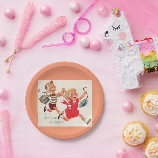 broer en zus op weg naar school papieren bordje (Feest)
