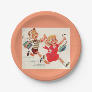 broer en zus op weg naar school papieren bordje