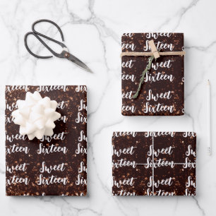 Brons fonkelt Sweet 16 elegant scriptpatroon Inpakpapier Vel