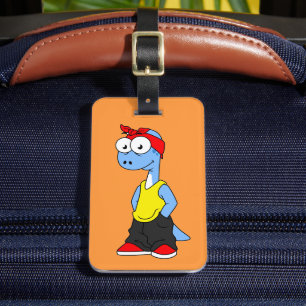 Brontosaurus gekleed in hiphop kleding. bagagelabel