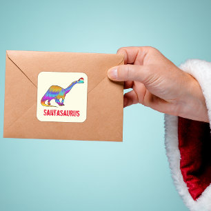 Brontosaurus Kerstman Regenboog Dinosaur Grappige Vierkante Sticker