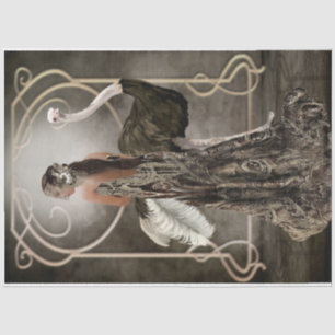 Bronze Art Deco Elegant Lady Ostrich Portret Art Tissuepapier