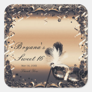 Bronze & Cream Masquerade Masker Elegant Ball Part Vierkante Sticker