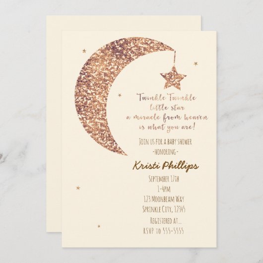 Bronze Cream Moon & Stars Baby Shower Uitnodiginge Kaart (Voorkant / Achterkant)