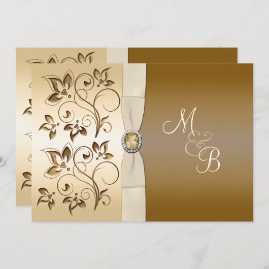 Bronze met Ivory Ribbon Monogrammed Uitnodiging (Voorkant / Achterkant)
