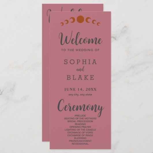 Bronze Moon Phases Rose Gold Wedding Programme (Devant / Derrière)