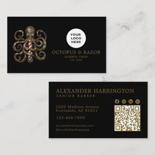 Bronze Octopus Professionele Kapper Qr Code Visitekaartje (Voorkant / Achterkant)
