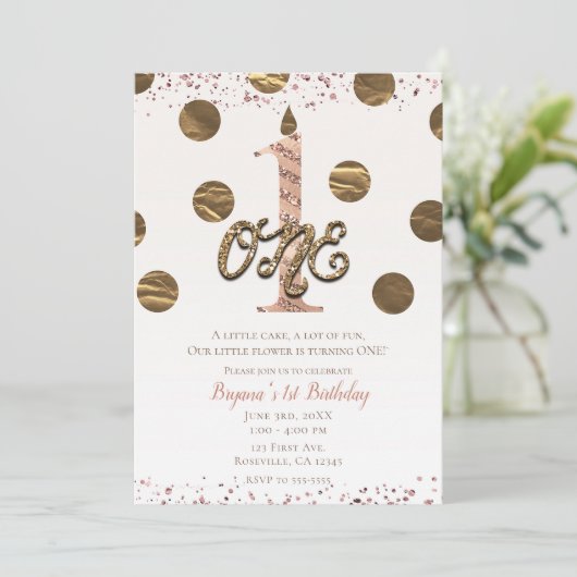 Bronze Polka Dots Roos Gold ONE 1 1e verjaardag Kaart (Staand voorkant)