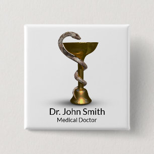 Bronze Snake Medical Bowl Hygieia White Caduceus Vierkante Button 5,1 Cm