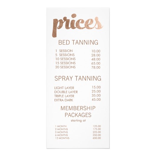 Bronze Tanning Salon Menu Tarifs Cartes (Devant)