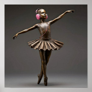 Bronzen Ballerina met Roze Hoofdtelefoon Autisme N Poster
