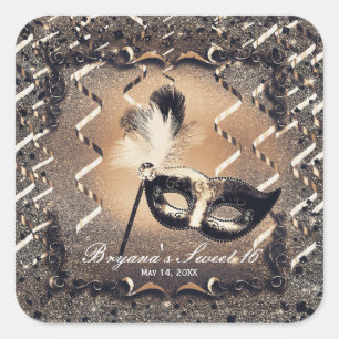 Bronzen & Crème Maskerademasker Elegant Balfeest Vierkante Sticker