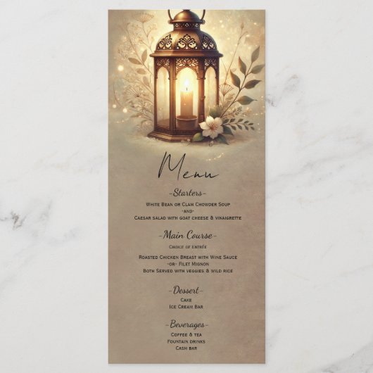 Bronzen Gloeiende Lantaarn Rustiek Trouwmenu Menu (Voorkant)