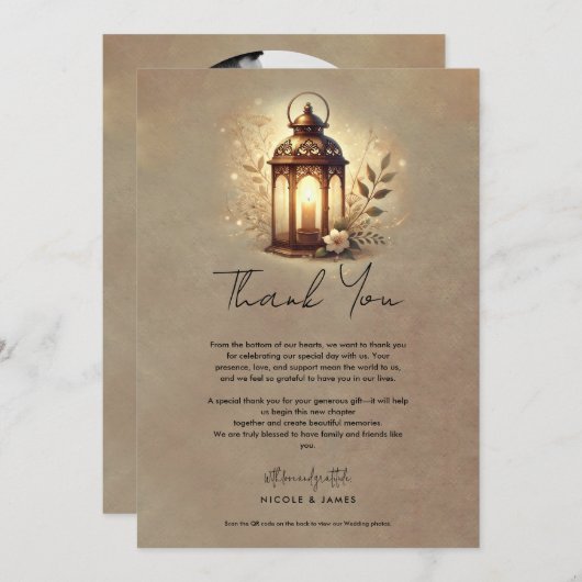 Bronzen Gloeiende Lantaarn Rustieke bruiloft Dank  Kaart (Voorkant / Achterkant)