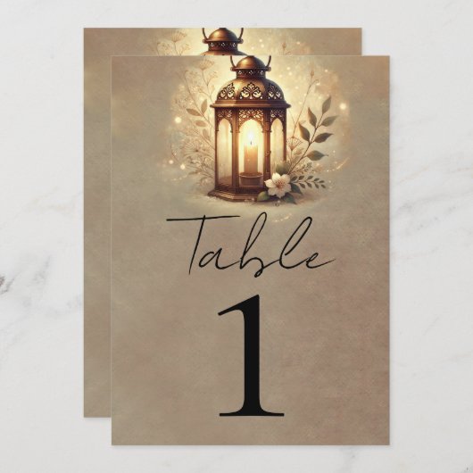 Bronzen Gloeiende Lantaarn Rustieke Trouwtafel Num Kaart (Voorkant / Achterkant)