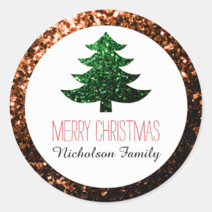 Bronzen + groene Kerstboom glinstert Cadeaubijslui Ronde Sticker