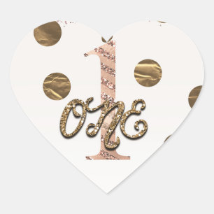 Bronzen Stippen Roze Goud EEN 1 1e Verjaardag Hart Sticker