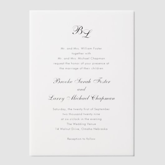Brooke Classic Script Monogram Elegante bruiloft Vellum Uitnodigingen (Voorkant)