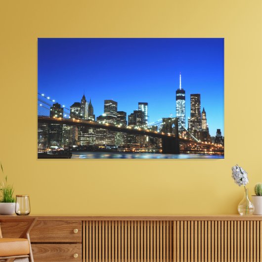 Brooklyn Bridge en Manhattan Skyline At Night, New Canvas Afdruk (Insitu (Woonkamer))