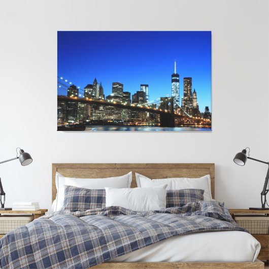 Brooklyn Bridge en Manhattan Skyline At Night, New Canvas Afdruk (Insitu (Slaapkamer))