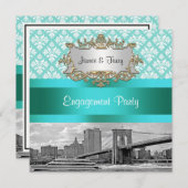 Brooklyn Bridge NYC Robin Egg Wt Damask Verloving Kaart (Voorkant / Achterkant)