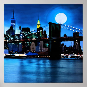 Brooklyn Bridge onder een volle maan Poster
