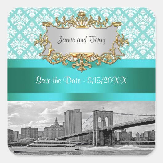 Brooklyn Bridge Turquoise Wat Damast Save Datum Vierkante Sticker (Voorkant)