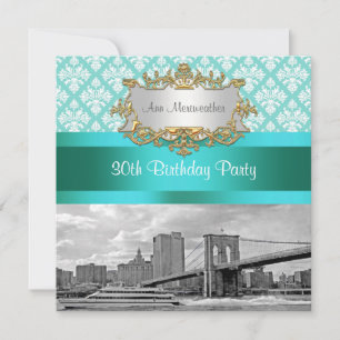Brooklyn Bridge Turquoise Wht Damask Birthday Kaart
