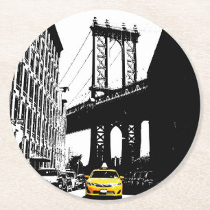 Brooklyn Bridge Yellow Taxi Nyc New York City Ronde Kartonnen Onderzetter