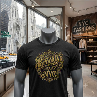 Brooklyn NYC Weelderige Gouden Filigraan Typografi T-shirt