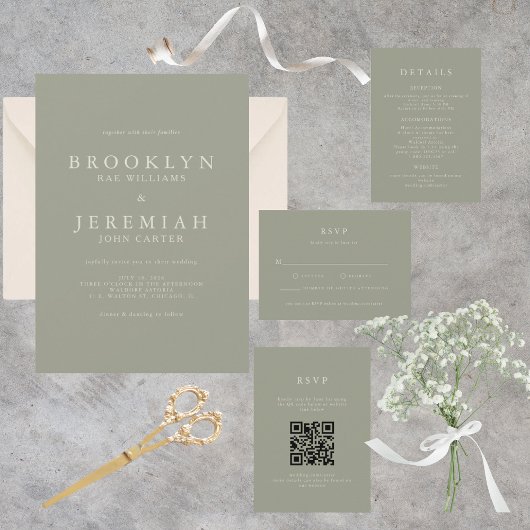 BROOKLYN Sage Modern Wedding Invitation Kaart