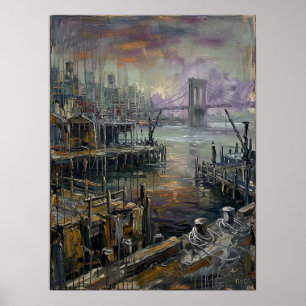Brooklyn Waterfront Zonsondergang Met Brugzicht Poster