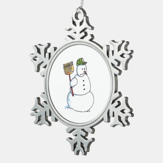 Broom Snowman witte pewter sneeuwvlok Tin Sneeuwvlok Ornament (Rechts)