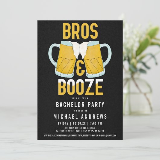 Bros en Booze Manly Beer Stein Bachelor Party Kaart (Staand voorkant)