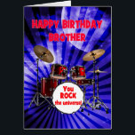Brother Birthday You Rock Drums<br><div class="desc">Une carte d'anniversaire pour un frère. Monte le volume sur les voeux d'anniversaire! Doté d'un ensemble frappant de batterie et de l'expression "Vous faites vibrer l'univers", cette carte est un moyen énergique de célébrer la vie de la fête. Qu’ils soient batteurs ou qu’ils aient juste des ondes rock-star, cette carte...</div>